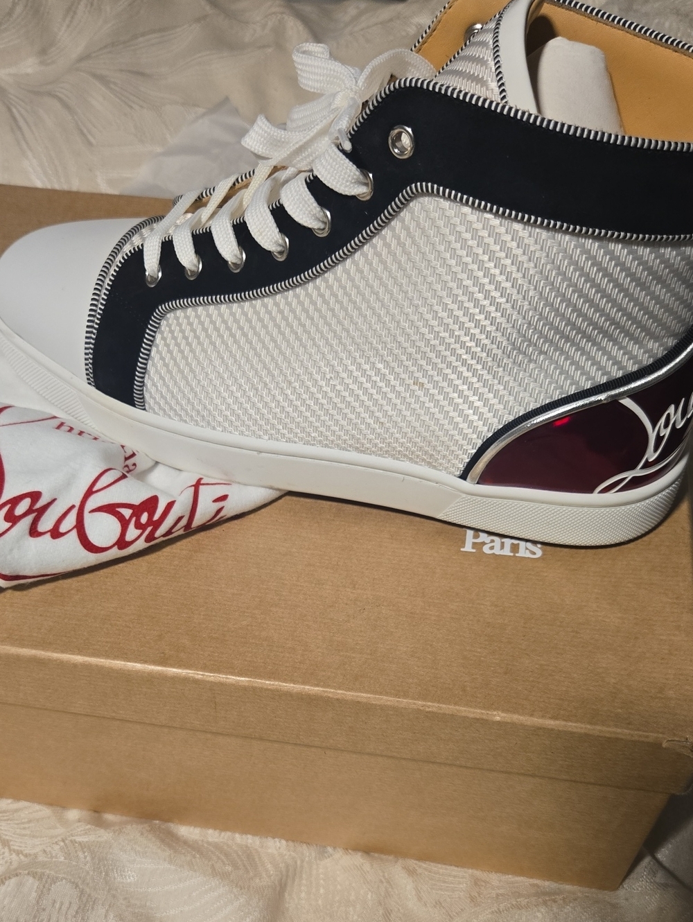 Christian Louboutin White and Black High-Top Sneaker with Red Heel Accent